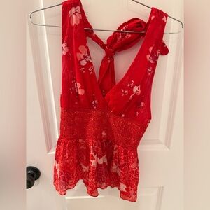 Free People Red Brinkley Smocked top